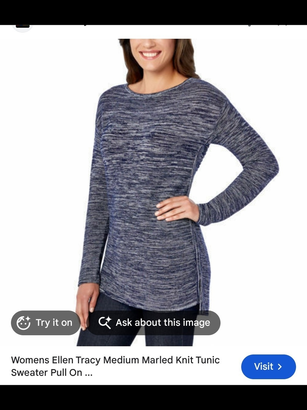 Ellen Tracy Blue Marled Knit Tunic Sweater